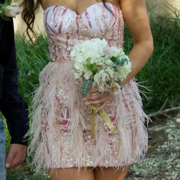 once upon a time theme homecoming dress Cute Pink A Line Feather Tulle Homecoming Dresses main image 0